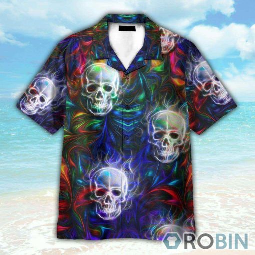 Colorful Fractal Skull Neon Strip Pattern Hawaiian Shirt