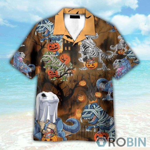 Dinosaur Skeleton With The Pumkin Bucket Halloween Hawaiian Shirt