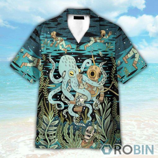 Diver Fighting With Octopus Dark Ocean Pattern Hawaiian Shirt