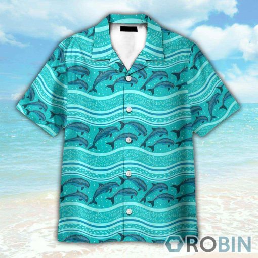 Dolphin Wave Pattern Blue Ocean Hawaiian Shirt