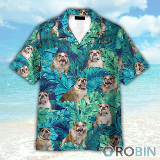 England Bulldog Tropical Leaves Pattern Hawaiian Shirt