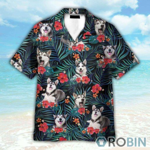 Funny Husky In Tropical Green Leaves Hawaiian Shirt