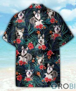 Funny Husky In Tropical Green Leaves Hawaiian Shirt