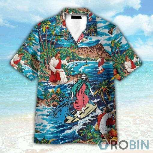 Funny Jesus Surfing On Island Hawaiian Shirt