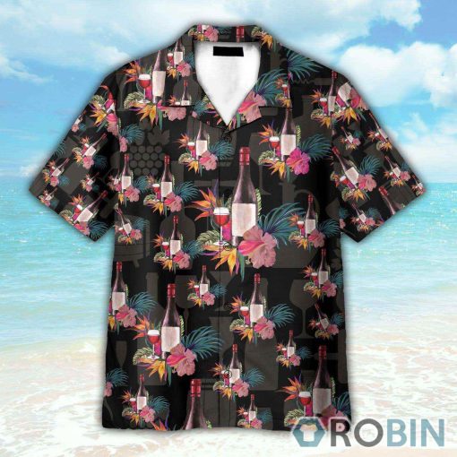 Grape Wine Bottle With Flower Tropical Jungle Pattern Hawaiian Shirt