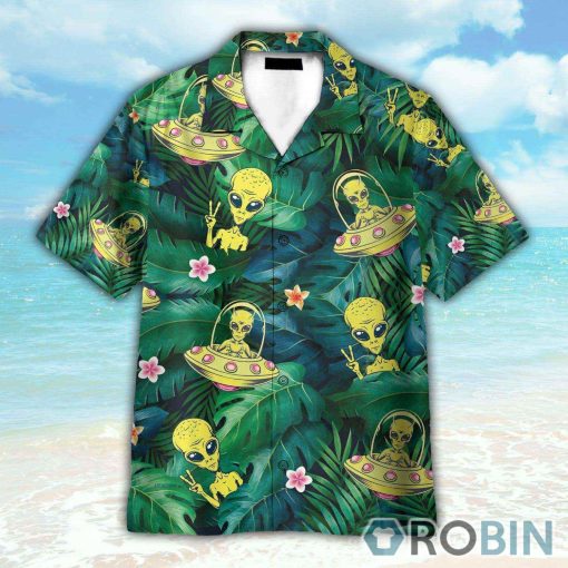 Hippie Alien UFO In Tropical Green Leaves Hawaiian Shirt