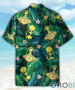 Hippie Alien UFO In Tropical Green Leaves Hawaiian Shirt