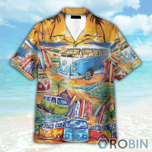 Hippie Camper Vans Surfing On The Beach Hawaiian Shirt