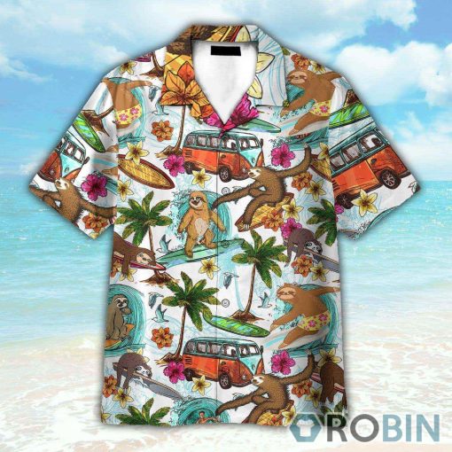 Hippie Camping Sloth Surfing Summer Beach Hawaiian Shirt