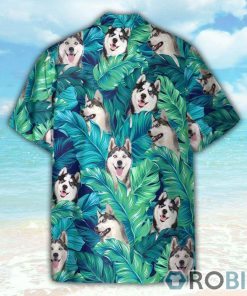 Husky In Tropical Green Leaves Hawaiian Shirt