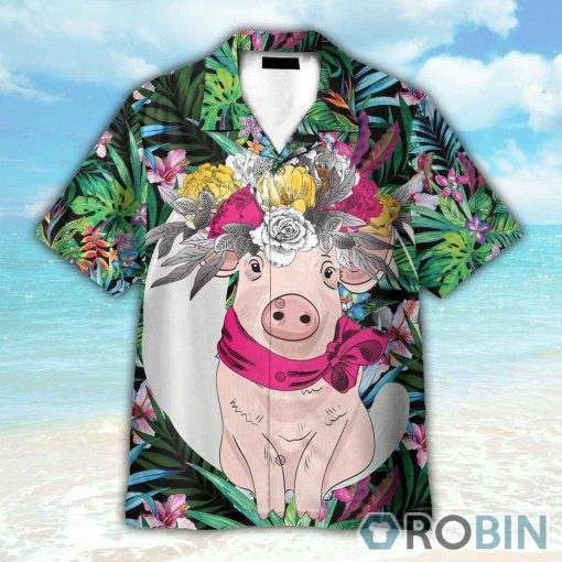 Pig With Flower Hair Wreath Tropical Pattern Hawaiian Shirt