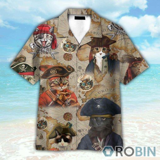Pirate Cat Vintage Nautical Map Pattern Hawaiian Shirt