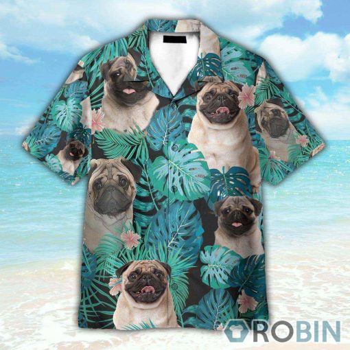 Pug Dog Happy Face Tropical Pattern Hawaiian Shirt