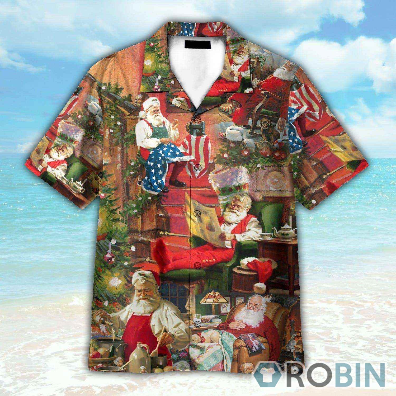 Santa Claus In Daily Life Funny Button's Up Shirts Hawaiian Shirt ...