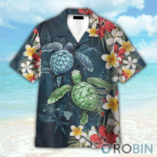 Sea Turtle Tropical Hibiscus And Plumeria Hawaiian Shirt