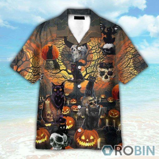Skull With Black Cat Halloween Hawaiian Shirt