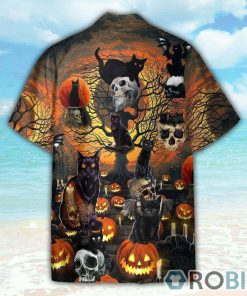 Skull With Black Cat Halloween Hawaiian Shirt