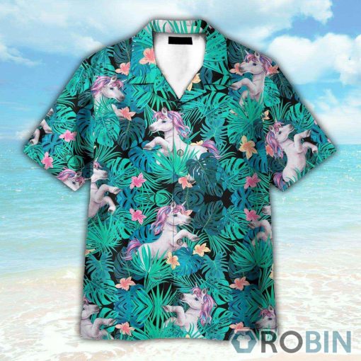 Unicorn In Tropical Green Leaves Hawaiian Shirt