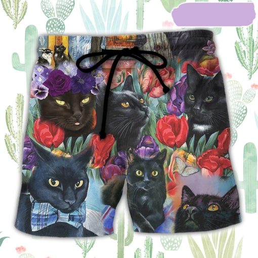 Black Cat Art With Flowers Beach Short, Gift for Holiday Summer