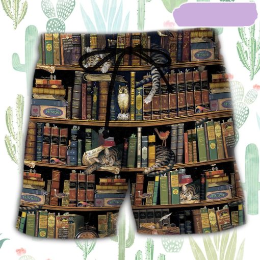 Book And Cat Vintage Beach Short, Gift for Holiday Summer