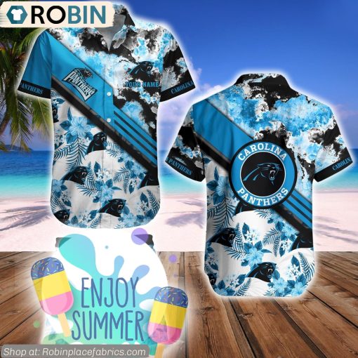 Carolina Panthers Watercolor Pattern Hibiscus Hawaiian Shirt