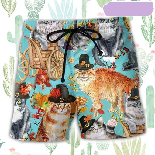 Cat Happy Thanksgiving Autumn Beach Short, Gift for Holiday Summer