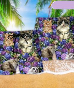 Cat Lovely And Flowers Purple Beach Short, Gift for Holiday Summer