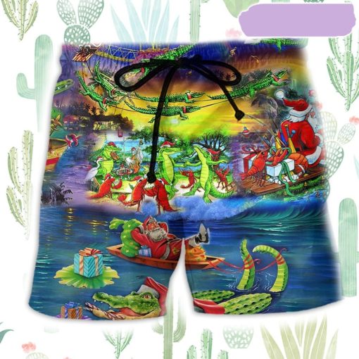 Christmas Santa Riding Alligator Beach Short, Gift for Holiday Summer
