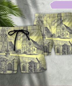 Church With Grey Vintage Style Beach Short, Gift for Holiday Summer Church With Grey Vintage Style Beach Short, Gift for Holiday Summer