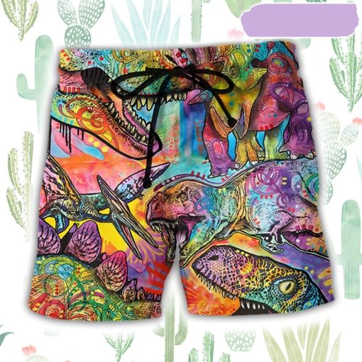 Dinosaur Colorful Art Style Beach Short, Gift for Holiday Summer