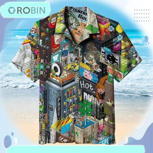 Explore the pixel-style New York Times Square Hawaiian shirt