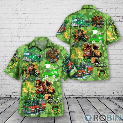 Fire Truck St Patrick’s Day Shamrock Pattern Hawaiian Shirt