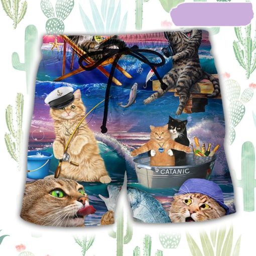 Fishing Cat Cute Beach Art Style Beach Short, Gift for Holiday Summer