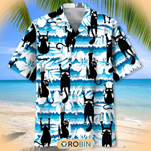 Funny Black Cat Floral Blue Hawaiian Button Shirt