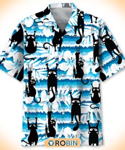 Funny Black Cat Floral Blue Hawaiian Button Shirt Funny Black Cat Floral Blue Hawaiian Button Shirt