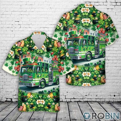 Green Fire Truck Patrick’s Day Shamrock Hawaiian Shirt