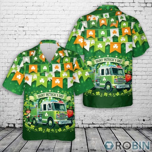 Green Fire Truck Saint Patrick’s Day Leprechaun Hawaiian Shirt