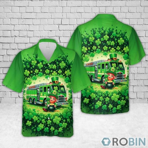 Green Fire Truck With Leprechaun Patrick’s Day Hawaiian Shirt