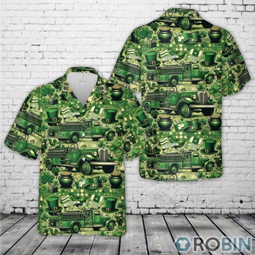 Green Old Fire Trucks St Patrick’s Day Hawaiian Shirt