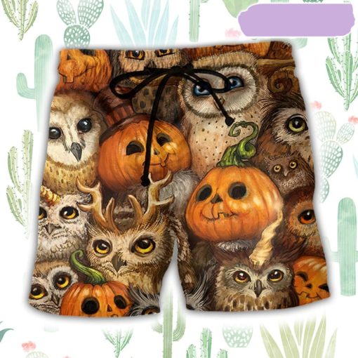 Halloween Owl Pumpkin Pattern Beach Short, Gift for Holiday Summer
