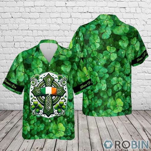 Happy St Patrick’s Day Irish Celtic Cross Ireland Flag Shamrock Hawaiian Shirt
