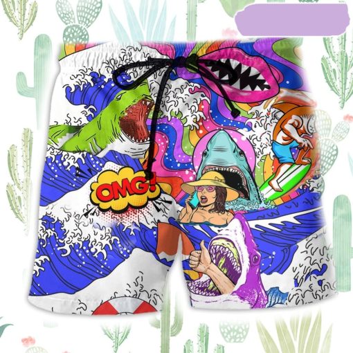 Hippie Shark And Girl Color Beach Short, Gift for Holiday Summer