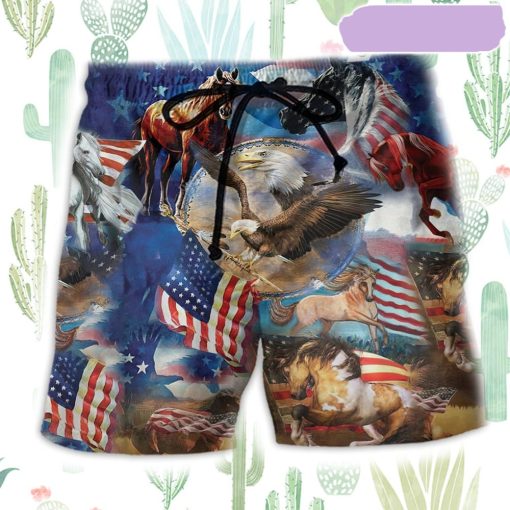 Horse Patriotic America Flag Beach Short, Gift for Holiday Summer