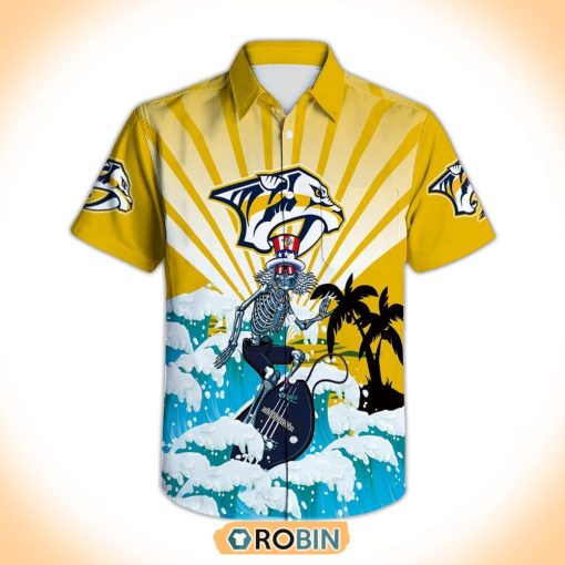 Nashville Predators Grateful Dead Skeleton Surfing Hawaiian Shirt