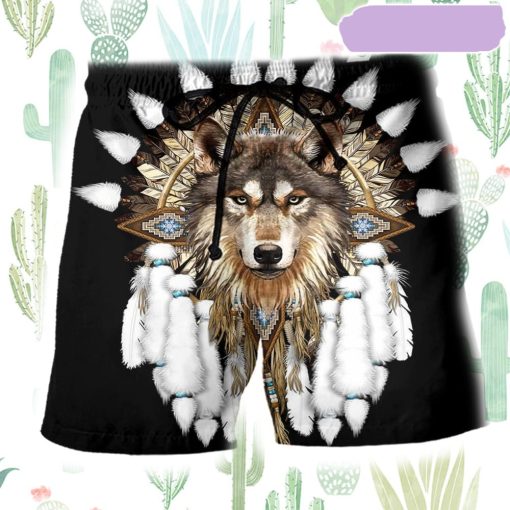 Native Wolf Black Color Beach Short, Gift for Holiday Summer