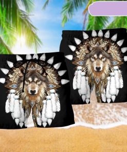 Native Wolf Black Color Beach Short, Gift for Holiday Summer