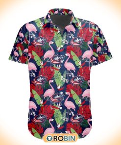 NHL Columbus Blue Jackets Flamingo Flowers Hawaiian Shirt NHL Columbus Blue Jackets Flamingo Flowers Hawaiian Shirt