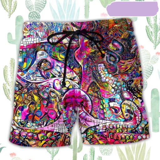 Octopus in Whimsical Modern Psychedelics Beach Short, Gift for Holiday Summer