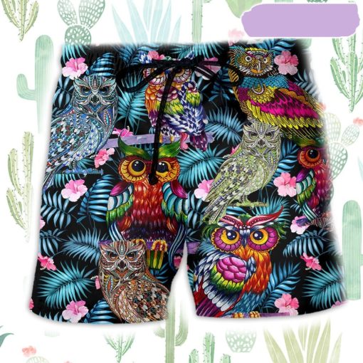 Owl And Flowers Colorful Beach Short, Gift for Holiday Summer