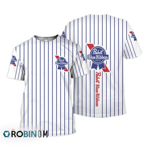Pabst Blue Ribbon White Vertical Striped 3D All Over Printed T-Shirt